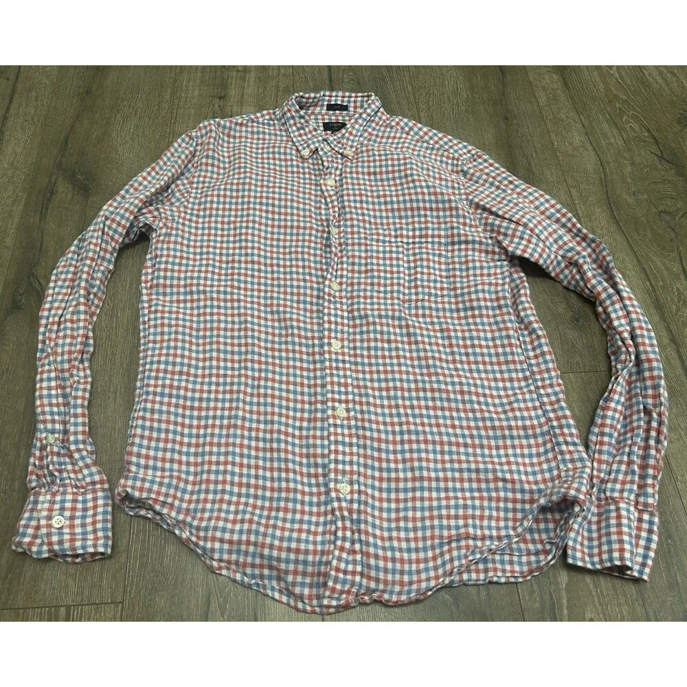 J Crew Linen Shirt Men’s Medium Red White Blue Gingham Button Down Slim